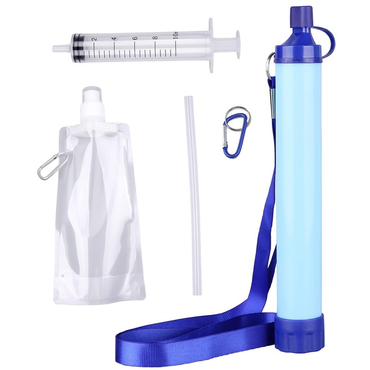 Filtru de apa portabil pentru camping，drumetii, calatorii si situatii de urgenta，Sistem ultrausor de filtrare in 4 etape de 0, 01 microni，albastru