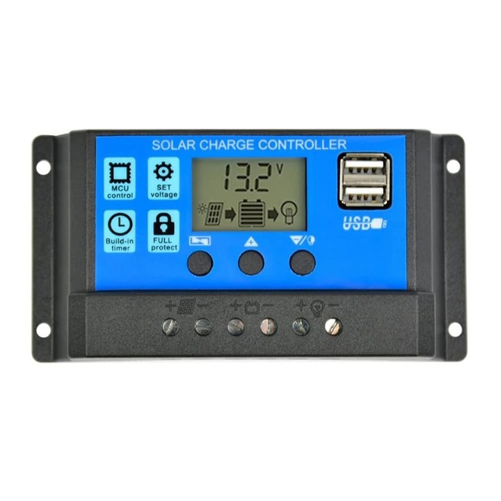 Controler de incarcare solara, 12V/ 24V 30A cu parametrii ajustabili Afisaj LCD cu iluminare din spate si temporizator