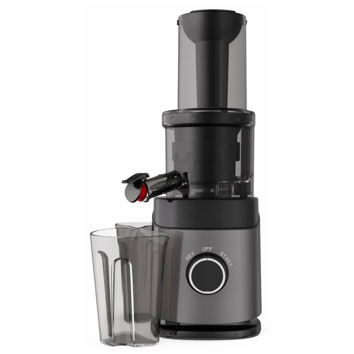 Storcator de fructe si legume cu melc, putere 150W, 65 RPM, antipicurare, recipient suc 700 ml, recipient pulpa 700 ml, functie reverse, presare la rece, tub alimentare de 45 mm si 76 mm, negru cu gri
