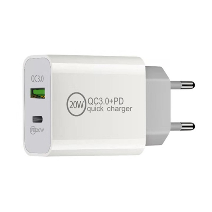 Incarcator rapid PD 20W QC3.0 cu USB-C/USB, 2 porturi, compatibil cu dispozitive Apple, iPhone, iPad, Android Xiaomi Huawei Samsung Galaxy, alb