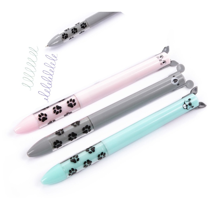 Set 3 pixuri, Zola, mina in 2 culori- verde/albastru, modele pisicute, retractabile