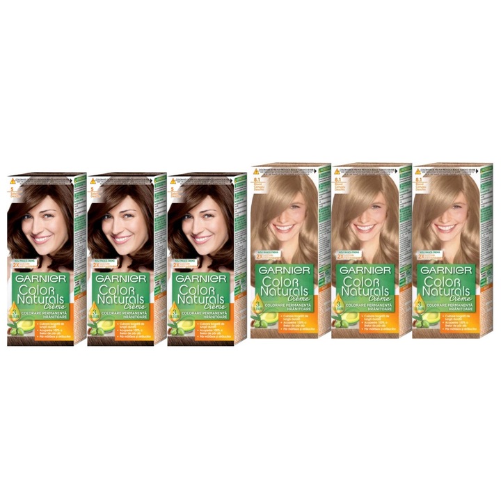 Set Garnier 6 x Componente, 3 x Color Naturals Vopsea Par 5 Saten Deschis, 3 x Color Naturals Vopsea Par 8.1 Blond Cenusiu Deschis, testat dermatologic, prospetime de lunga durata, delicat pentru scalp, non-toxic, eco-friendly, aspect stralucitor