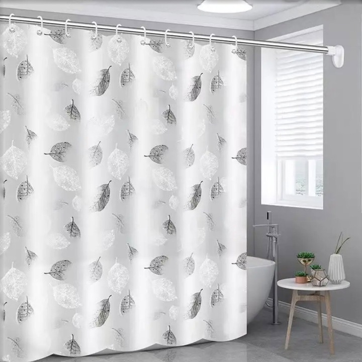 Perdea de dus, material PEVA, 180x180 cm, 12 inele din plastic incluse, alb frunza