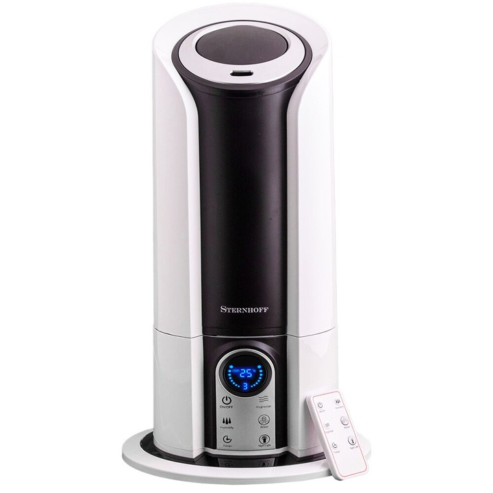 Ultrahangos párásító a Sternhofftól, LCD kijelző, automatikus kikapcsolás, szobahőmérséklet mérés, páratartalom kiválasztása, aromaterápia, otthoni és irodai használatra, csendes, 5 l űrtartalom, távirányítóval, fehér szín