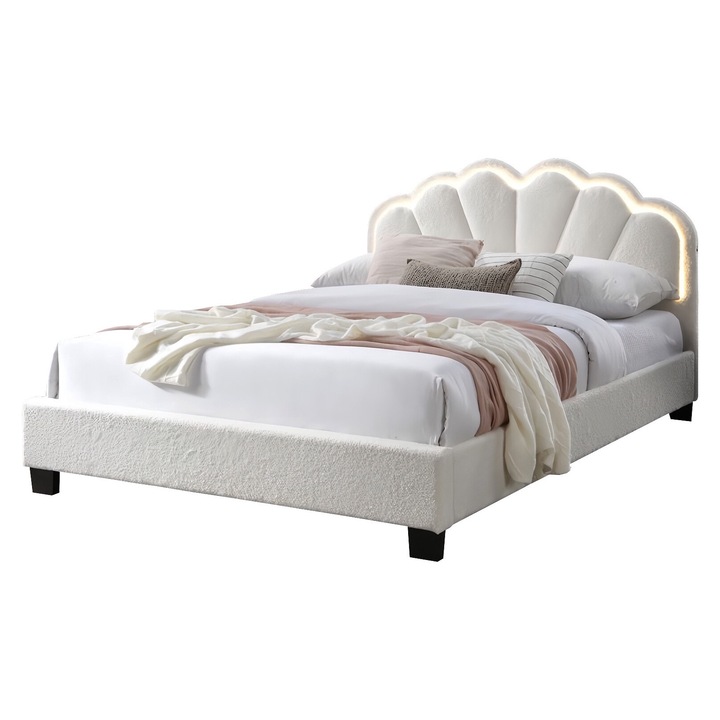 Pat tapitat Comfort 2 cu LED, 140x200, cadru din lemn cu somiera fixa, culoare Crem