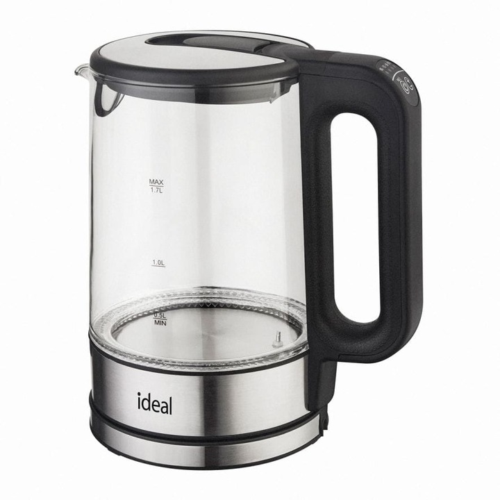 Fierbator fara fir Ideal, IK1103, 1.7L, 2200W, sticla si otel inoxidabil, reglare temperatura 60-100C, iluminare LED