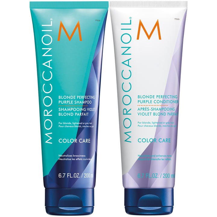 Комплект Moroccanoil Blonde Perfecting Purple за руса коса: Шампоан, 250 мл + Балсам, 200 мл