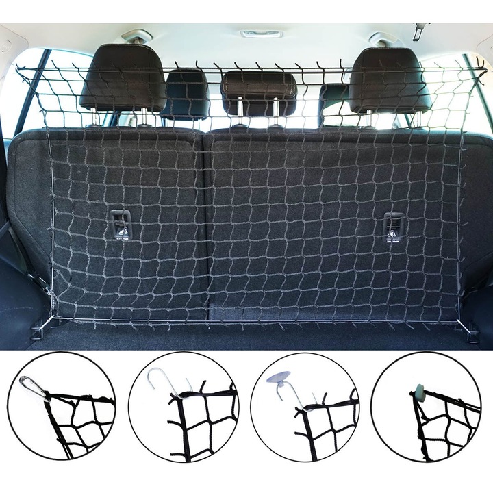 Мрежа за багажник, Ferocity, Si-Bag-02, универсален размер, черна, висококачествени полски материали, регулируема, монтаж с вендуза, карабинери или куки вътре в колата
