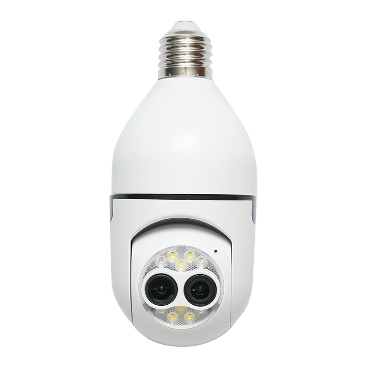 Камера за наблюдение с двойна леща smart-bulb PTZ, WIFI 2.4G 1080P, тип крушка E27 със сензор за движение, детекция на хора и приложение iCSee