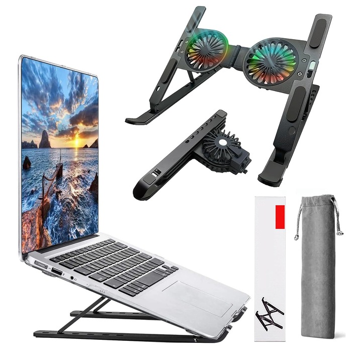 Suport Pentru Laptop, JFYU, Stand Reglabil pe Inaltime, Portabil, Pliabil, Anti-Alunecare, Ventilatoare, Lumini Ambientale, Aluminiu, Compatibil cu Laptopuri de la 10 - 15.6 inch, Gri