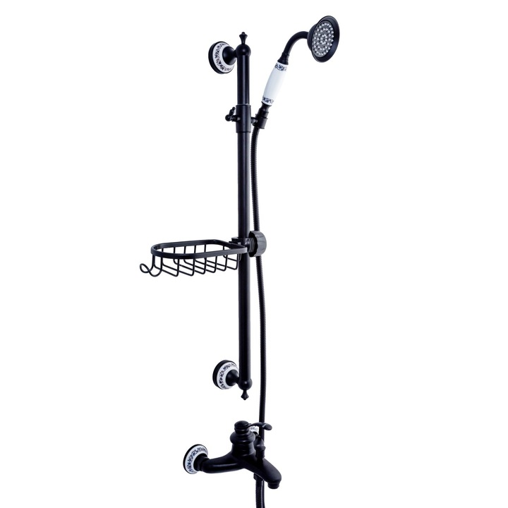 Смесител за вана VENUS STAR, стенен монтаж, с душ комплект с щанга, черен мат с керамична бродерия