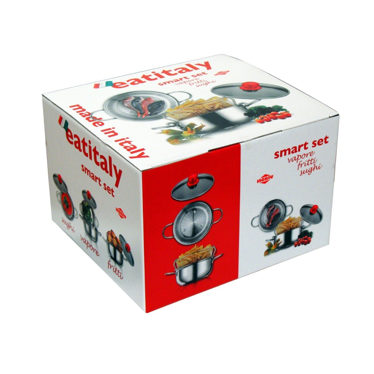 Set vase 4 piese Eatitaly Smartset, Inoxriv, cratita 2,5lt, vas pentru aburi, cos fritoza, capac sticla 20 cm