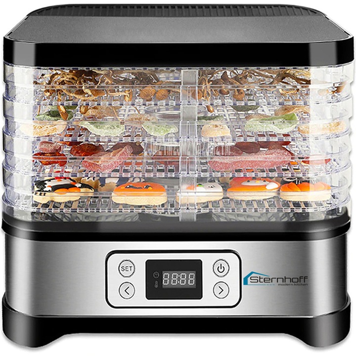 Uscator Alimentar Electric Profesional pentru Fructe Legume Ciuperci Ierburi Peste, 500W, 5 Tavi Modulare Reglabile, Termostat Digital 35-70C, Cronometru 24h, Afisaj LCD, Capacitate 5kg, Design Modern Gri/Negru, Conservare Sanatoasa