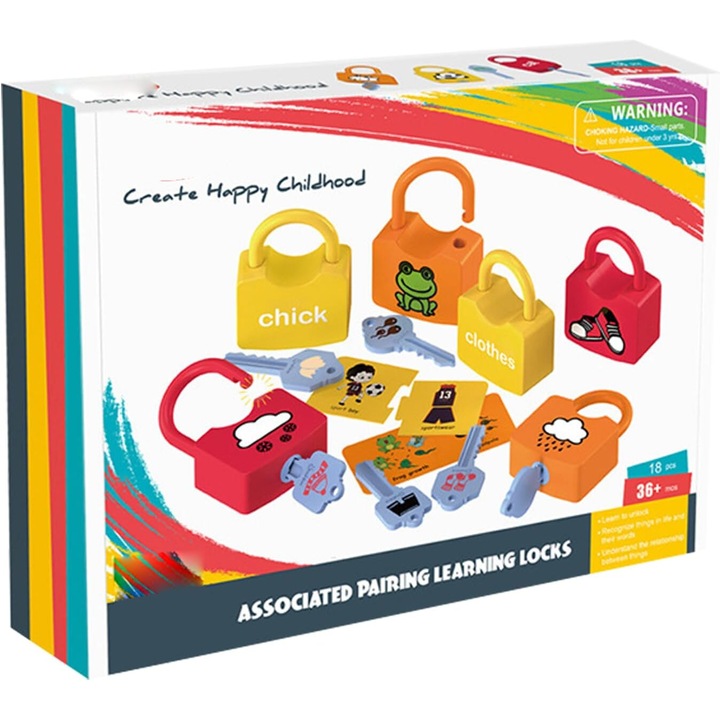 Joc educativ cu lacate si chei de asociere imagini, Montessori, 6 lacate, SARA-SHOP®