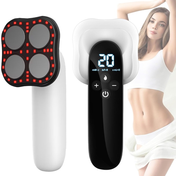 Aparat de Masaj Pentru Slabit Fara Fir, JFYU, Remodelare coporala, Impulsuri electrice, Radiofrecventa, terapie cu lumina rosie si functie de caldura, 3 Moduri de masaj, 10 trepte de Intensitate, 4 capete, Alb