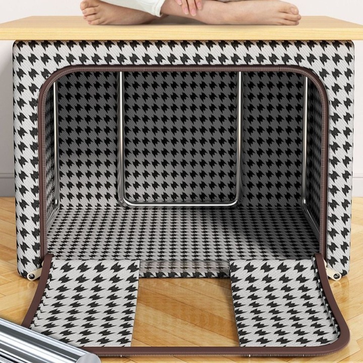 Cutie de Depozitare Pliabila, OEM, Cu fermoar Bidirectional, 100 L, Textil, 60x42x40 cm, Cadru Metalic, o Fereastra, Suport Baza Stabil din Plastic, Design Zebra, Alb Negru