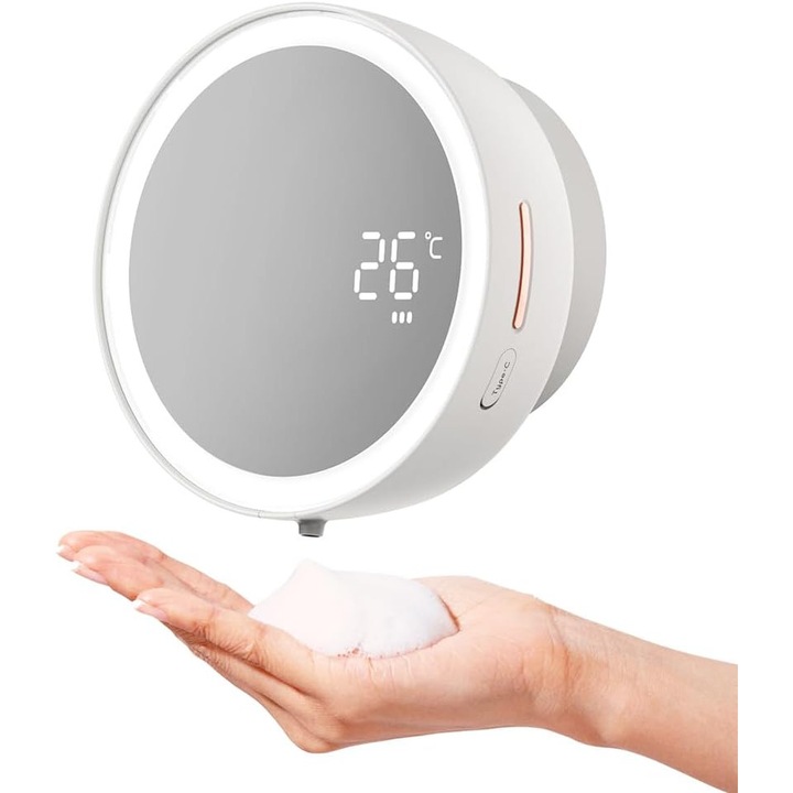 Okos szappanadagoló, nagyító tükör LED fénnyel, digitális kijelző, 3 habszint, mozgásérzékelő, 285ml, perforáció nélküli rögzítés, újratölthető elem, fehér