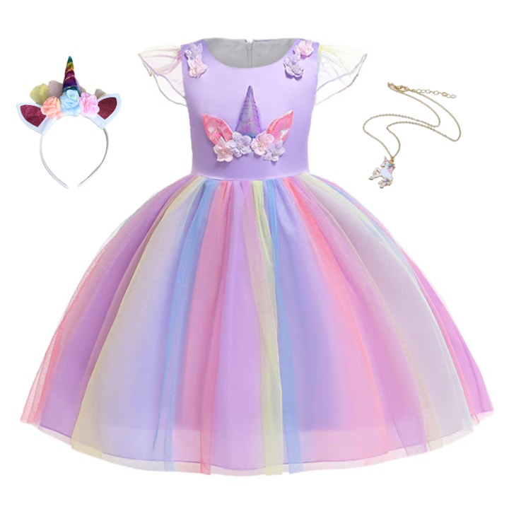 Rochie Unicorn pentru Fetite, Set cu Bentita si Colier, EvrikaUnity®, Tesatura Premium, 3-4 ani, 110 cm, Mov