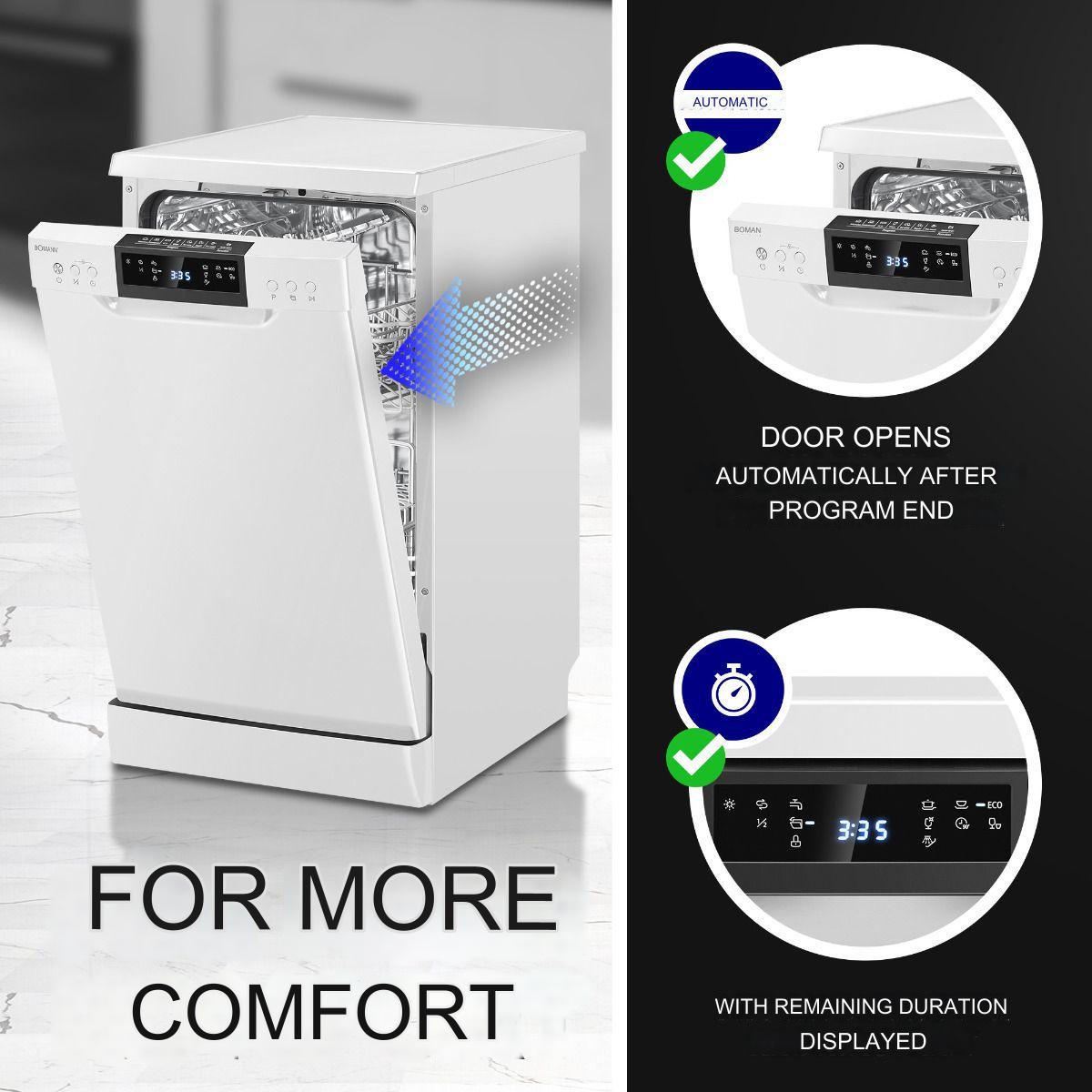 Masina de spalat vase Bomann, GSP7418W, latime 45 cm, 10 seturi, 7 programe, mod Eco, pornire intarziata, mod pre-clatire, semnal sonor, temperatura curatare 45-72°C, 2 niveluri de pulverizare, indicator lipsa detergent, alb