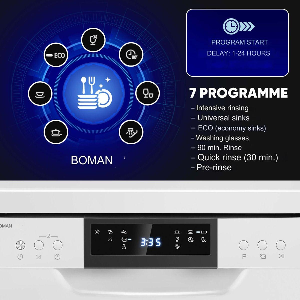 Masina de spalat vase Bomann, GSP7418W, latime 45 cm, 10 seturi, 7 programe, mod Eco, pornire intarziata, mod pre-clatire, semnal sonor, temperatura curatare 45-72°C, 2 niveluri de pulverizare, indicator lipsa detergent, alb