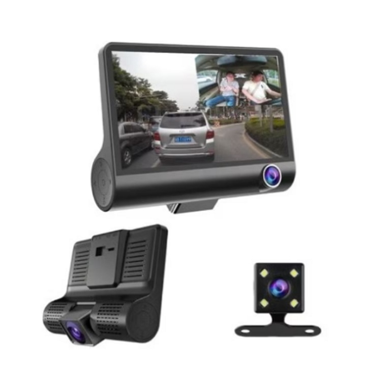 Camera auto tripla, fata, interior, spate, coshop®, 4", Full HD, design tip monitor, negru