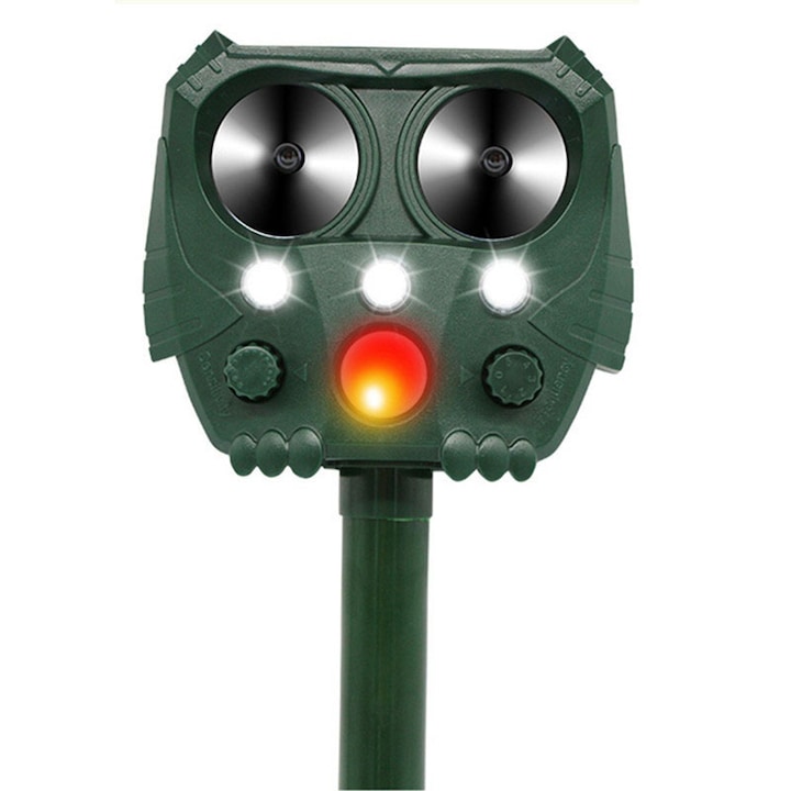 Ultrahangos készülék vadon élő állatok ellen, Rágcsálók elleni, Kutyaellenes, Szarvasok, Macskák, Napelemes/USB újratölthető akkumulátor, 3 villogó LED, Zöld