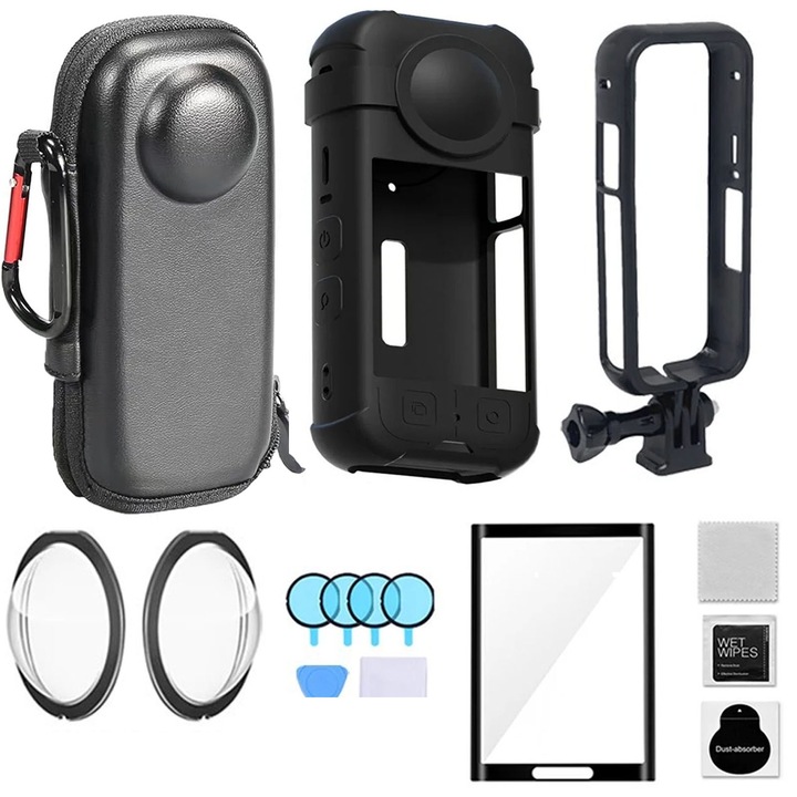 Комплект защитен калъф за insta360 x3, Hggzeg, със защитно фолио за екрана, чанта за носене на екшън камера и поддръжка на оптика, ултра ясен и перфектен допир, предпазва от надраскване и повреди, силикон, черен