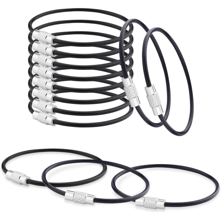 Set de 30 brelocuri, Hggzeg, Inel cablu din otel inoxidabil cu acoperire din nailon, Utilizare rotatie piulita, Ideala pentru calatorii sau pentru organizarea cheilor de la masina, 2mm x 15cm, Negru