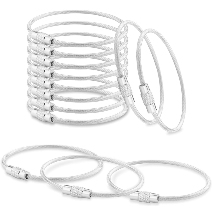 Set de 30 brelocuri, Hggzeg, Inel cablu din otel inoxidabil cu acoperire din nailon, Utilizare rotatie piulita, Ideala pentru calatorii sau pentru organizarea cheilor de la masina, 2mm x 15cm, Argintiu