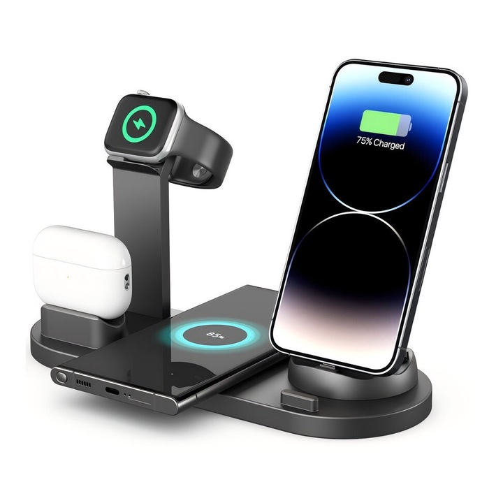 Incarcator Wireless Statie Incarcare 3 In 1 Qi Fast Charger 15W Incarcare Rapida Compatibil Cu Apple Watch Toate Seriile Airpods PRO si Iphone Android Samsung Huawei Xiaomi Negru Inclus Adaptor 3.0 Quick Charge