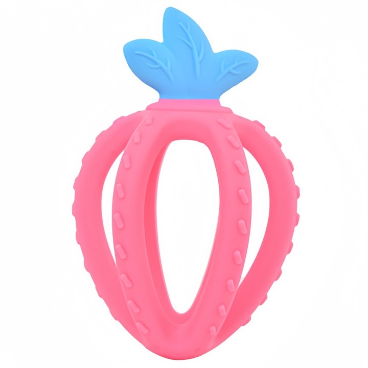 Fogászati játék, szilikon, eper alakú, rózsaszín, 110 g, könnyen tisztítható, 10 x 4 cm