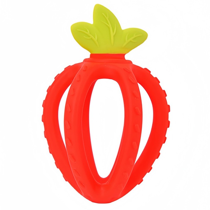 Fogászati játék, szilikon, eper alakú, 110g, piros, könnyen tisztítható 10 x 5 cm