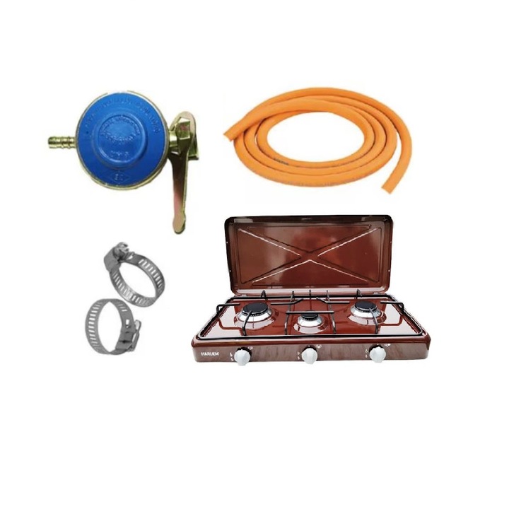 Пакет Газов котлон с 3 горелки Кафяв, Редуцир вентил за бутилка, 2м маркуч за газ, 3 x скоби за маркуч