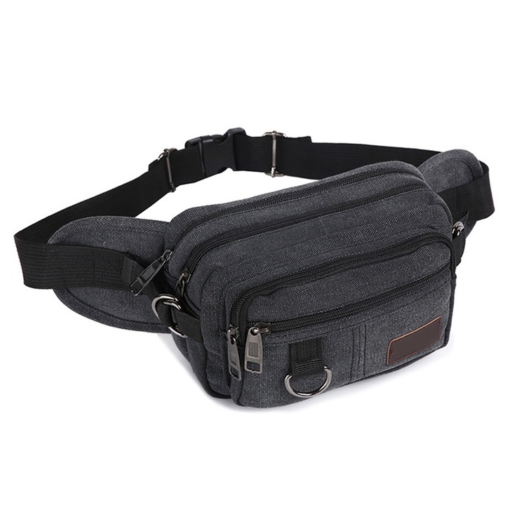 Jormftte sporttáska, fekete, állítható pánttal, több zsebbel, vászon anyag