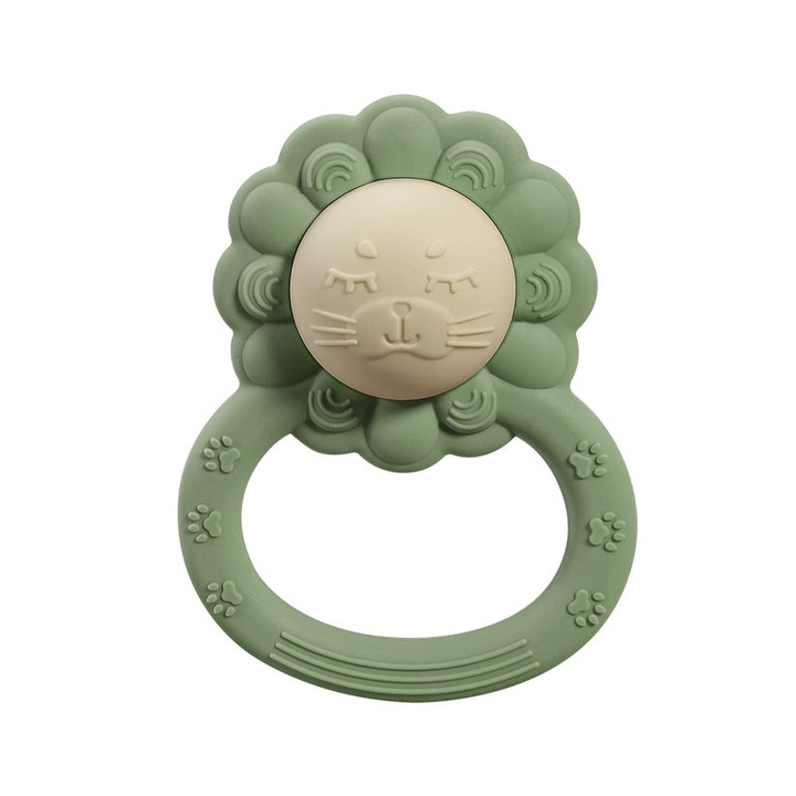 Oroszlán formájú fogzásgátló játék, élelmiszer minőségű szilikon, BPA mentes, zöld