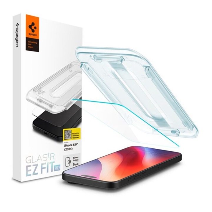 Spigen ez fit hd képernyővédő üveg, 2.5d, tokbarát, ultravékony, 0.2mm, 9h + segédkeret, átlátszó, kompatibilis: Apple iPhone 16 Pro Max