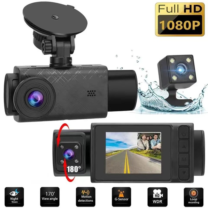 Автомобилна камера, 3 канала, GPS запис, 1080P отпред, 480P отзад, цикличен запис, режим на паркиране, многоцветна