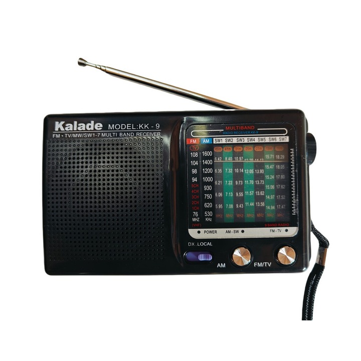 Kalade KK-9 hordozható rádió, FM, AM, MW, SW, TV, fekete
