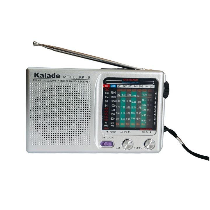 Kalade KK-9 hordozható rádió, FM, AM, MW, SW, TV, ezüst