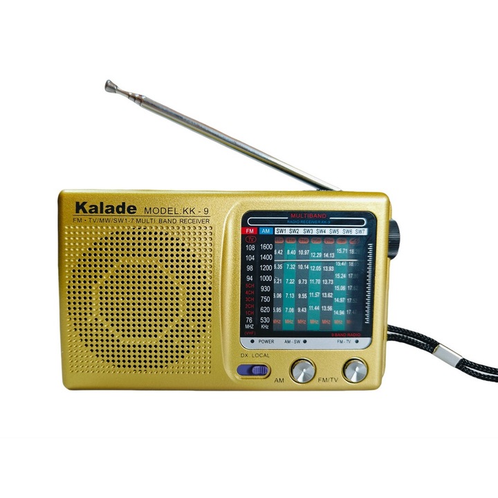 Kalade KK-9 hordozható rádió, FM, AM, MW, SW, TV, arany