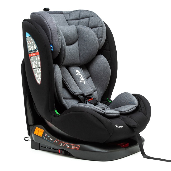Стол за кола за бебета и деца Juju Total 360 i-Size, 40-150 см, 0-12 години, ISOFIX с Top Tether, въртящ се на 360 градуса, позиция за сън, регулируема облегалка в 4 позиции, регулируема облегалка за глава, сваляща се и переща се калъфка, черна
