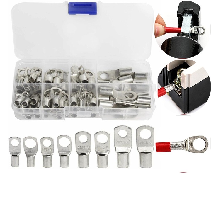 Set 60 bucati terminale electrice din cupru staniolat, diverse dimensiuni, pentru cabluri 6mm-25mm