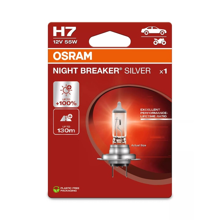 Bec auto far halogen Osram H7 Night Breaker Silver +100%, 55W, 12V, 1 Bucata