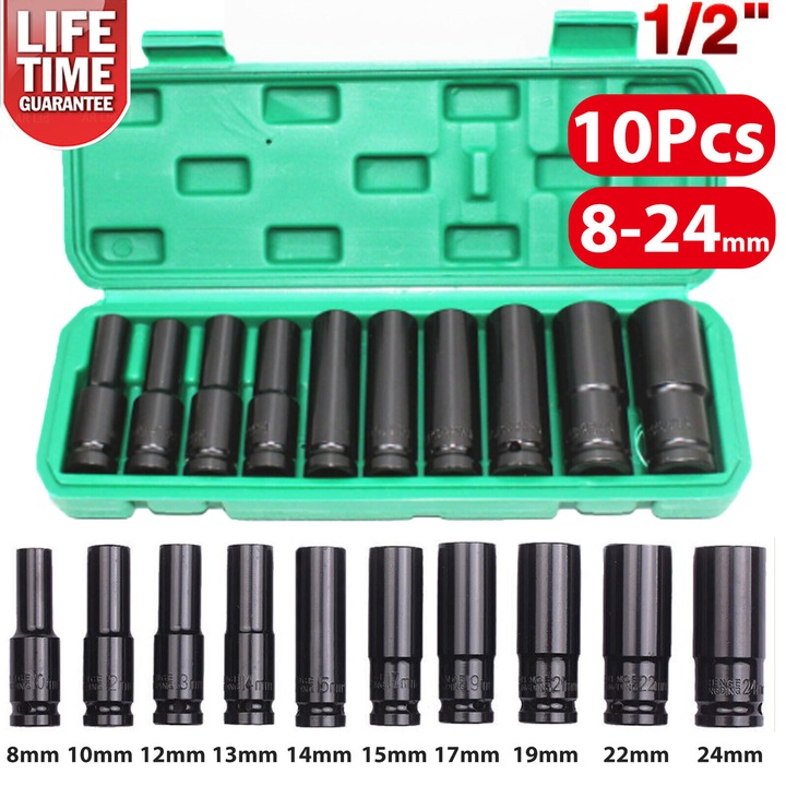 Set de chei cu tubulare BGHYHYHI, 10 piese, dimensiuni 8-24 mm, finisaj negru