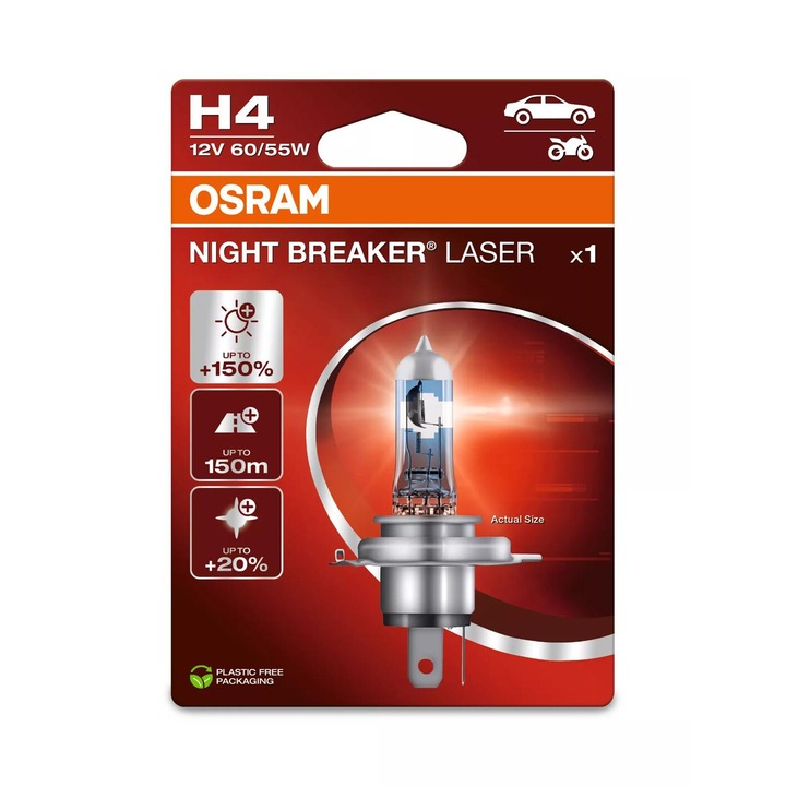 Крушка за фар халогенна Osram H4 Night Breaker Laser Next Gen +150%, 55W, 12V, 1 брой