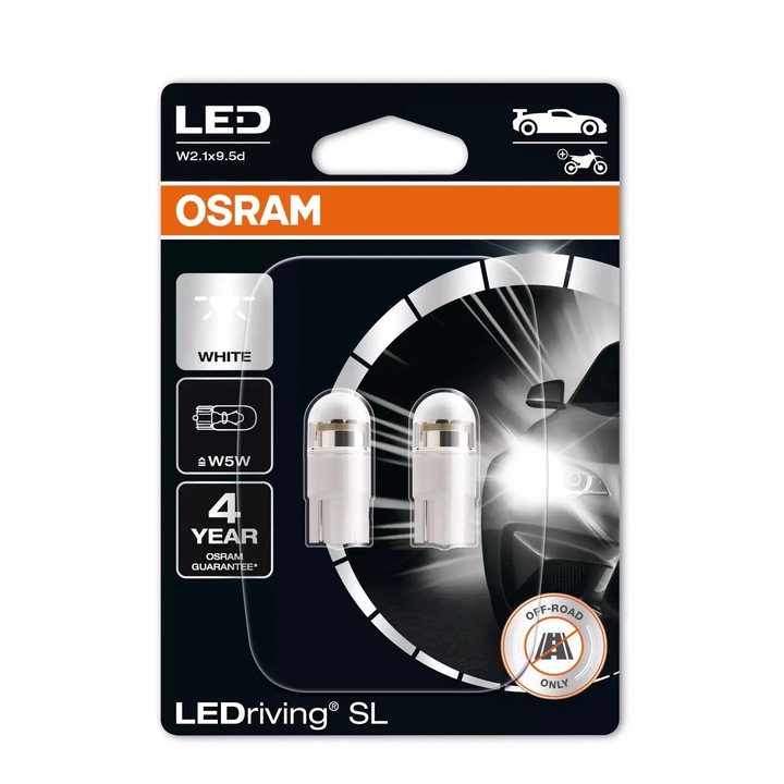 Комплект LED лампи за автомобил Osram LEDriving SL, W5W, 2825DWP-02B, 1W, 12V, W2.1X9.5D, бели, 2бр
