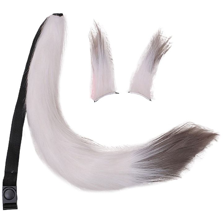 Farkas farok és fül szett, BGHYHYHI, 70 cm / 9 cm, szürke / fehér