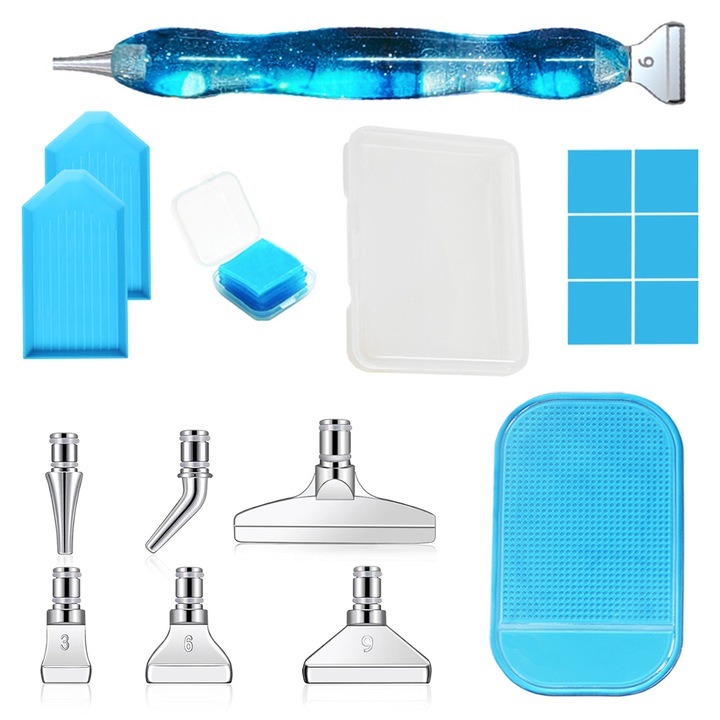 Set accesorii pictura cu diamante 5D, BGHYHYHI, 18 piese, 6 stiluri capete metalice, albastru