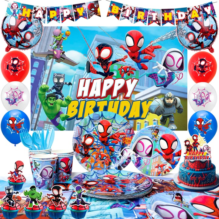 Set Accesorii petrecere Spiderman, InBoxxarty, decoruri petrecere Spiderman - Pahare de hartie, farfurii, bannere etc