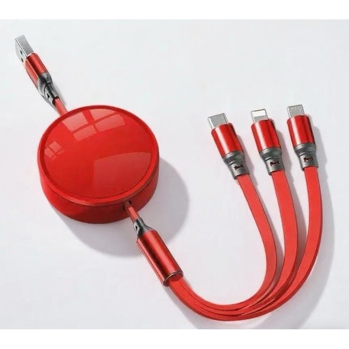 Cablu de incarcare rapida 3-in-1, 1.1m, Rosu, Lightning/USB-C/Micro USB